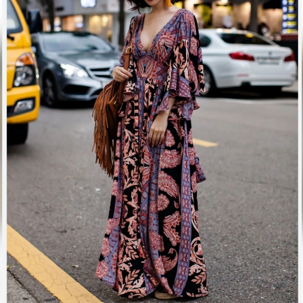 Free People Printed Fern Maxi Boho Dress